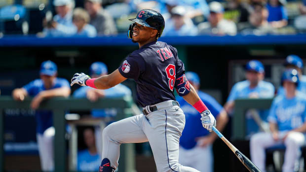 Sep 20, 2023; Kansas City, Missouri, USA; Cleveland Guardians shortstop Jose Tena (8) bats during the fourth inning against the Kansas City Royals at Kauffman Stadium.